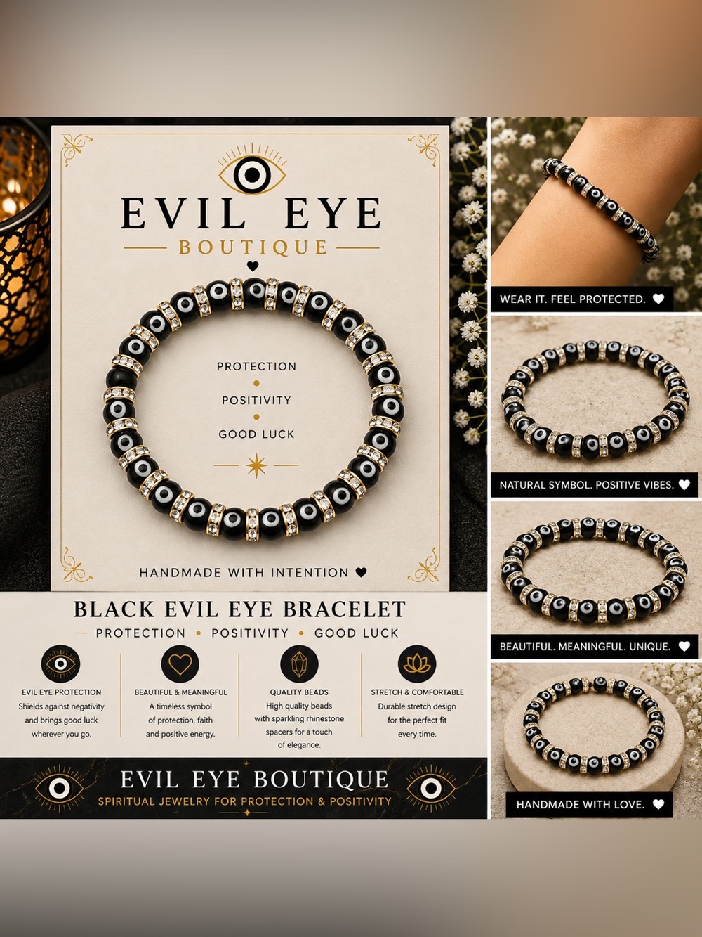 🧿🖤Black Evil Eye Bracelet - Protection + Positivity🧿🖤